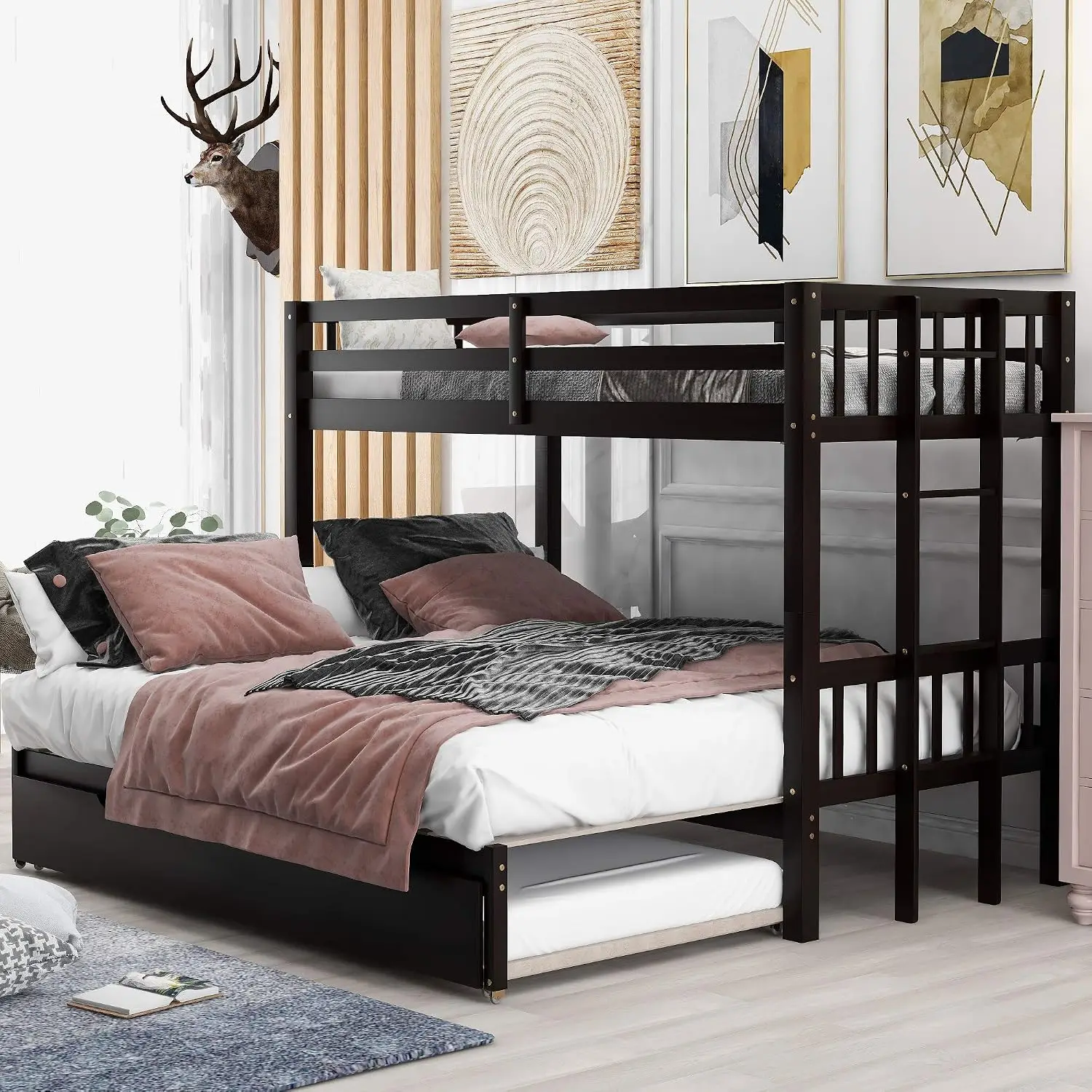 Twin Over Twin/King Bunk Beds with Trundle, Twin Over Pull-Out bunk Bed Accommodate 4 People for Kids, Adult,, Customized