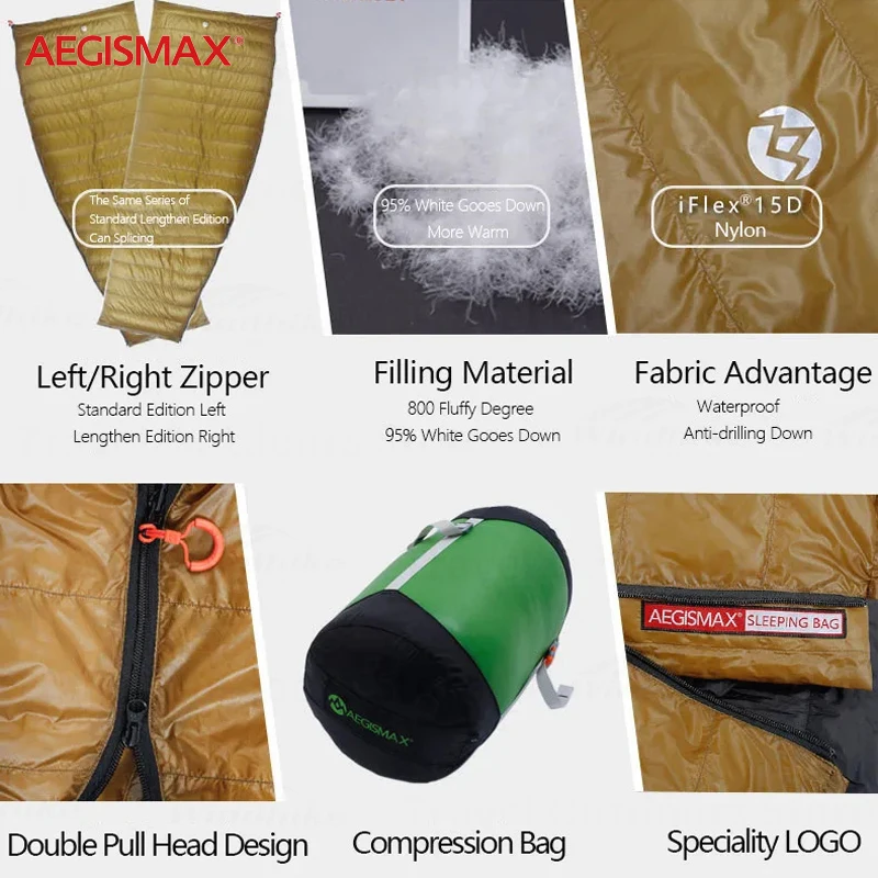 AEGISMAX Goose Down Sleeping Bag 800FP Thickening Winter Warm Ultralight Outdoor Camping Hiking Envelope Splicing Sleeping Bag