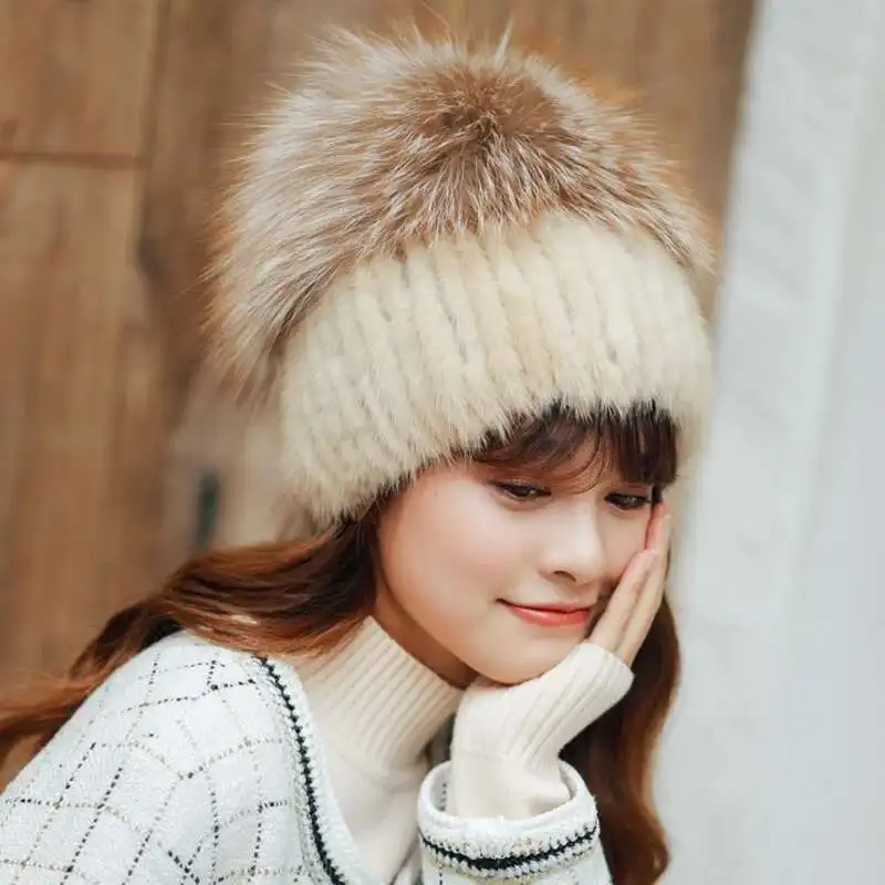 2026 Mink Fur Hat Women Winter Warm Fluffy Fur Cap With Fox Fur Ball Real Fur Beanies Hat Luxury Thicked Fur Snow Hats