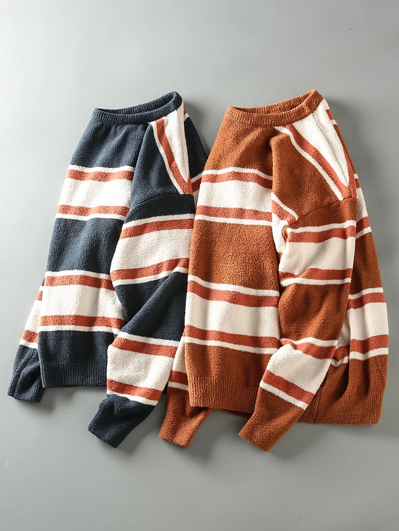 

Winter American Retro Striped Loose Fit Men's Hong Sle Lazy round Ne Casual Knitwear Trendy Sweater Knitted irt