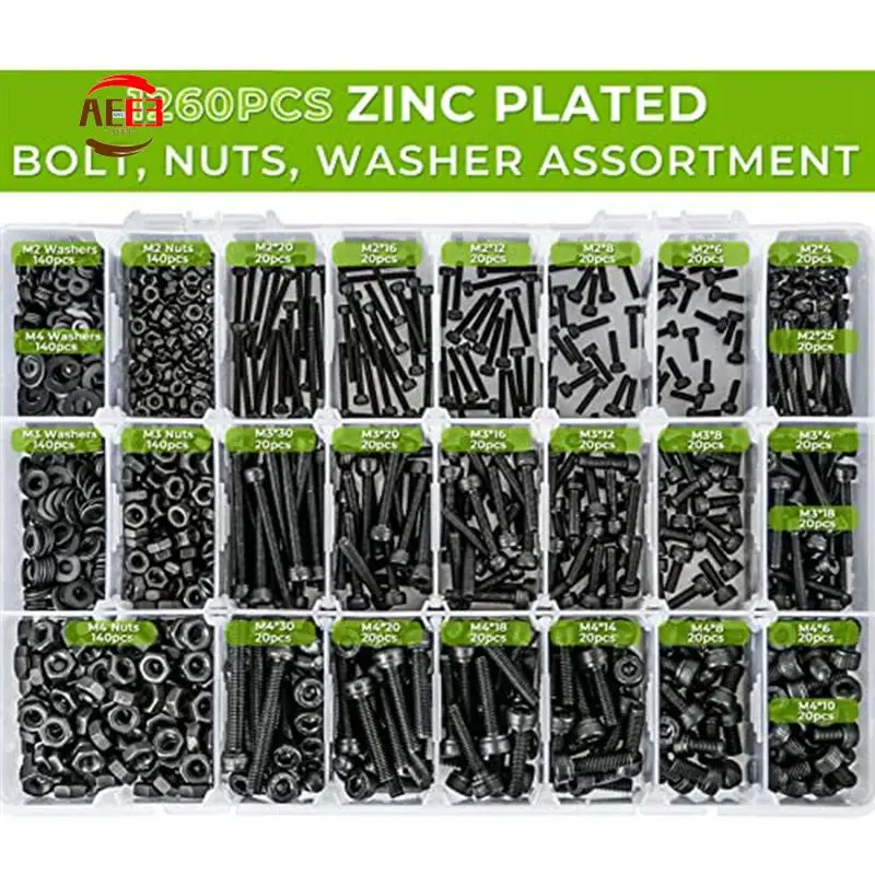 

AEE3-1260PCS Metric Bolt Assortment M2 M4, 21 Sizes Screws Nuts And Hex Socket Head Cap Machine Kit Black