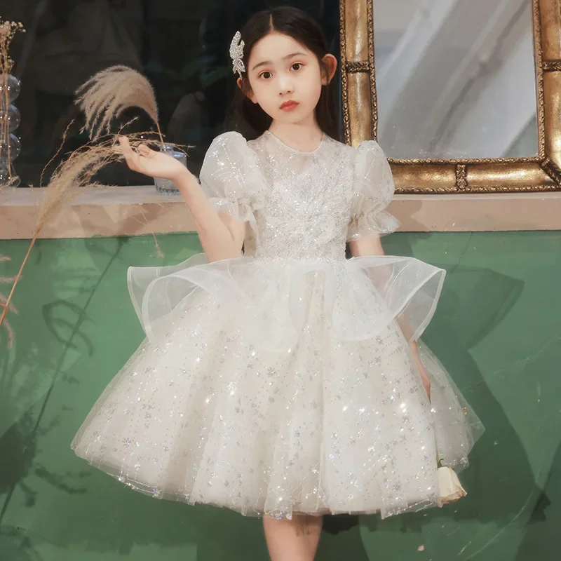 White baby girls dress 2-12year old kids dress for party wedding flower girl dress sequins CHILDREN'S pageant gown girls dress