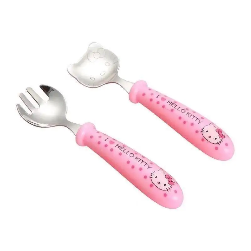 2 Pcs Cute Cartoon Hellos Kittys Stainless Spoon Fork Cutlery Set Girl Student Portable Travel Tableware Accessories Kids Toys