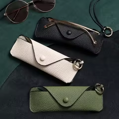 Retro PU Leather Glasses Bag with Lanyard Portable Sunglasses Box Storage Bag Anti Pressure Protective Cover for Men Women
