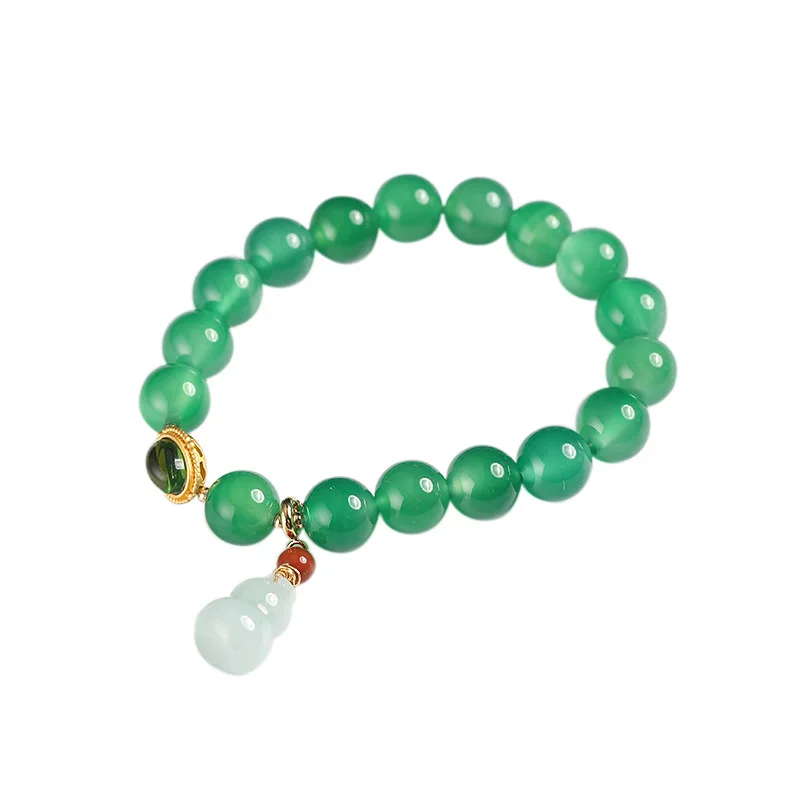 

Natural Green Agate Vintage Gold Beaded Bracelet with Jade Gourd for Women Buddhist Prayer Bead Bracelet Gifts