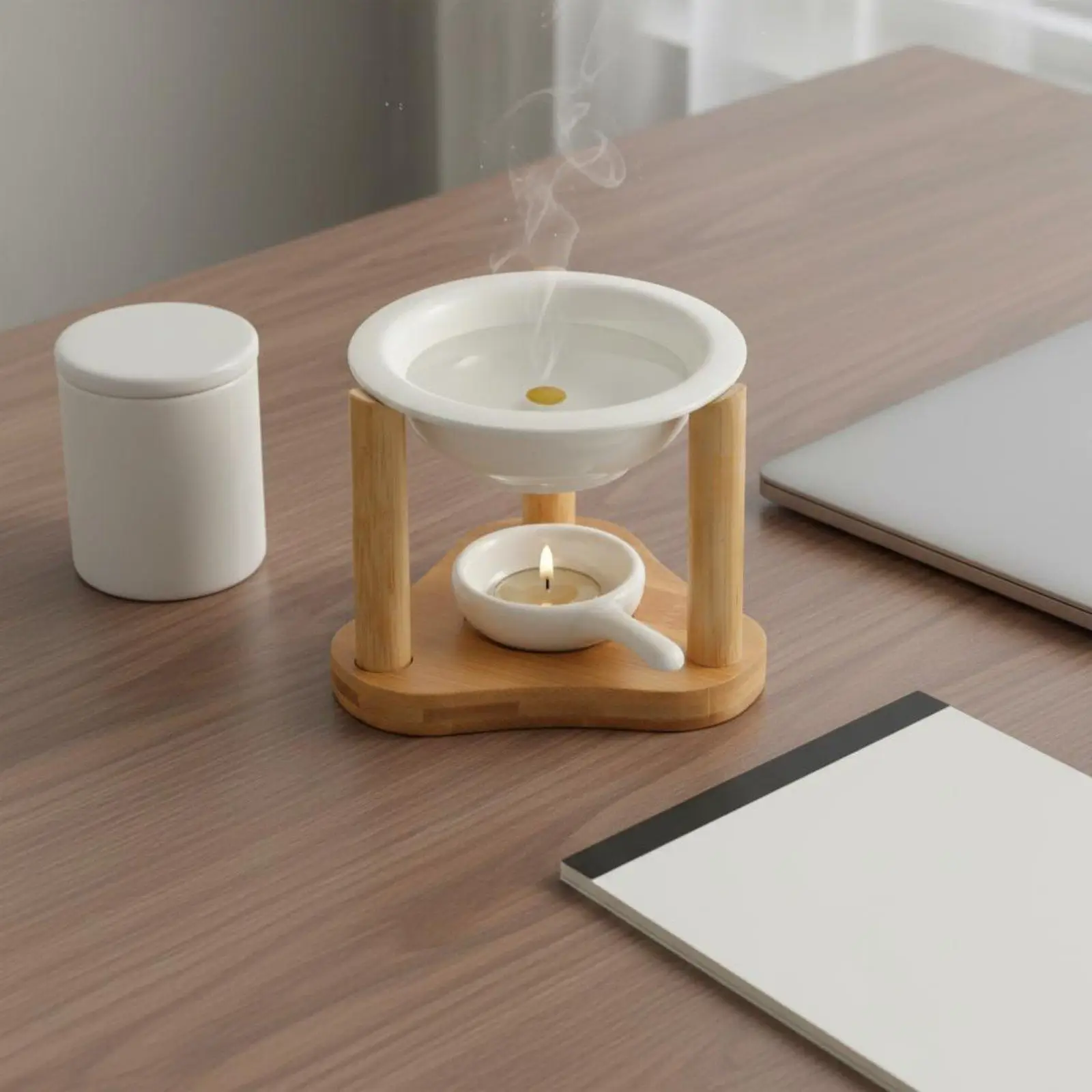 Ceramic Aroma Lamp Bamboo Structure Fragrance Oil Warmer Candle Incense Burner for Living Room Bedroom Meditation Decor