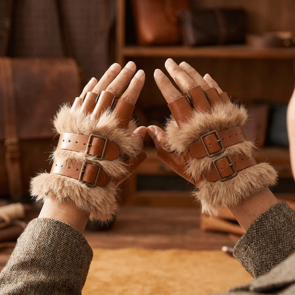 Vintage Faux Fur Fingerless Gloves Furry Warm PU Leather Mittens Realistic Adjustable Buckle Gauntlet Medieval
