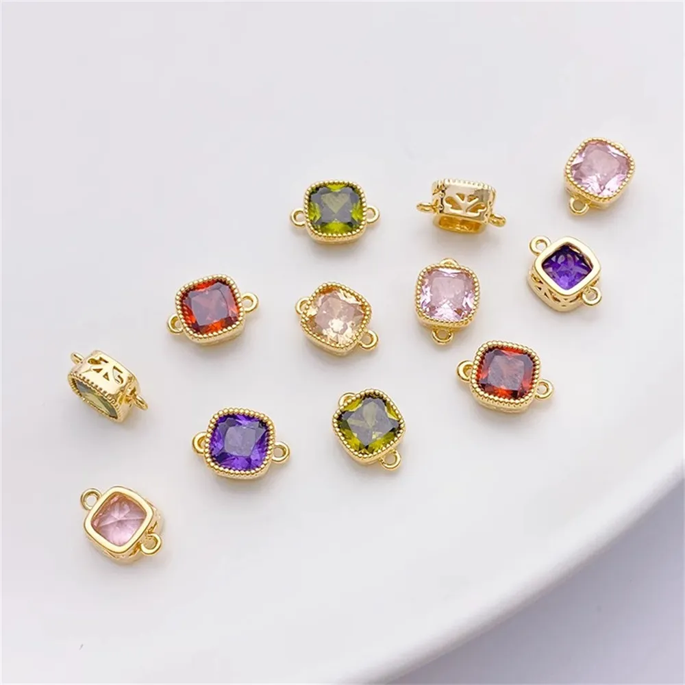 14K Gold-plated Double-hang Inlaid Zircon Square Wrapped Edge Small Pendant Handmade Diy Bracelet Necklace Material Accessories