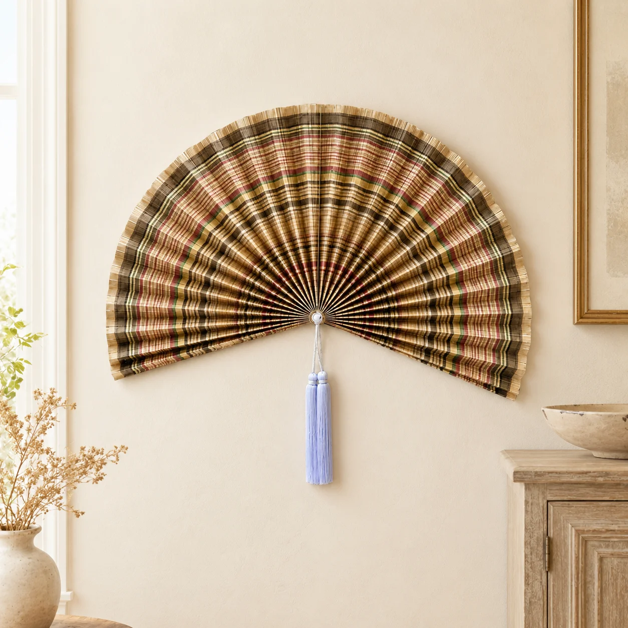 Handcrafted Natural Bamboo Wall Fan with Tassel Retro Gradient Striped Wall Decor for Bedroom Hallway Cafe Wall Art
