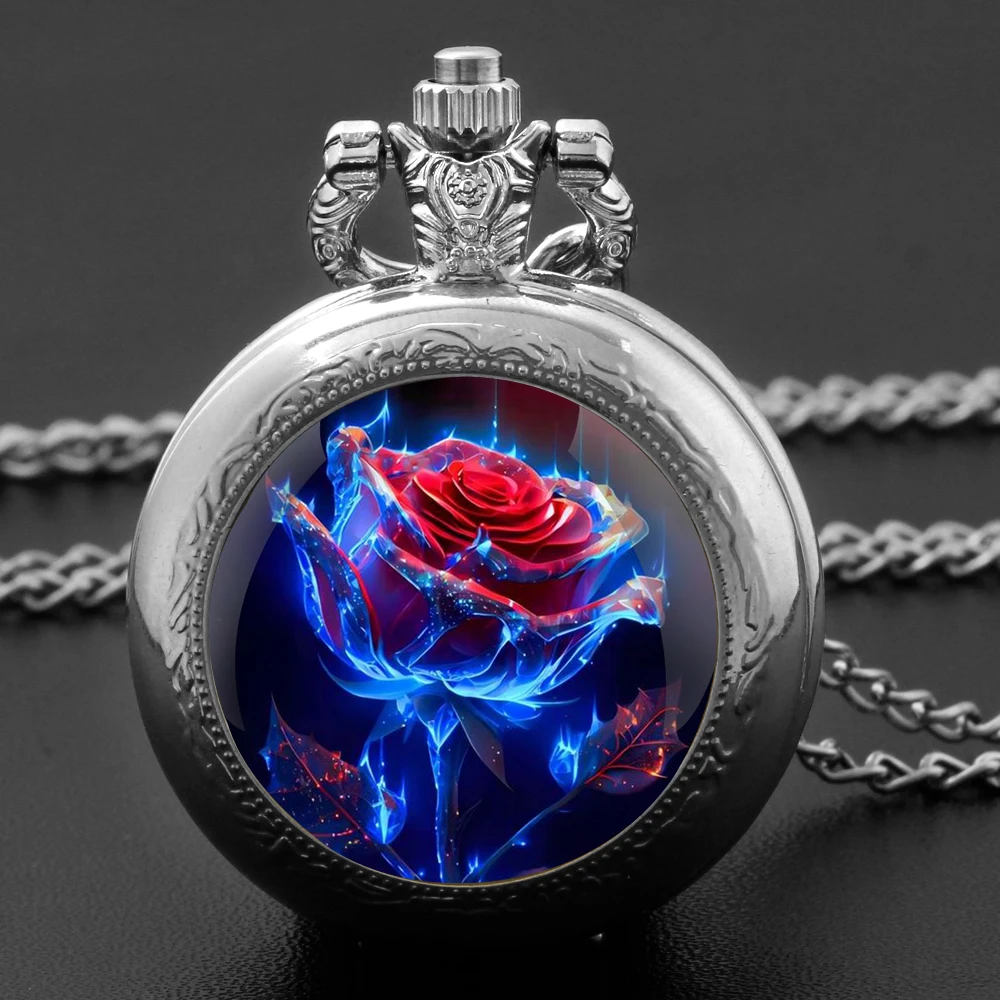 Collana per orologio da tasca al quarzo con cupola in vetro rosa blu, moda personalizzata, argento, acciaio inossidabile, catena con ciondolo gioielli da donna