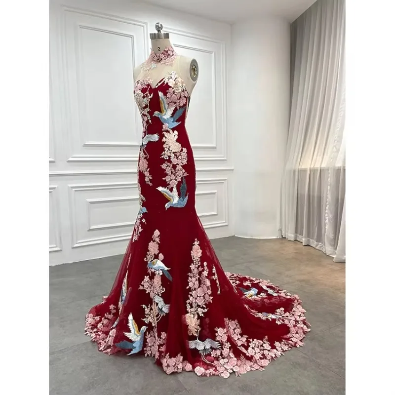 Custom Wedding Anniversary Dresses Chinese Red Traditional Cheongsam Evening Dress Applique Wedding Dress For Women 2026 Luxury