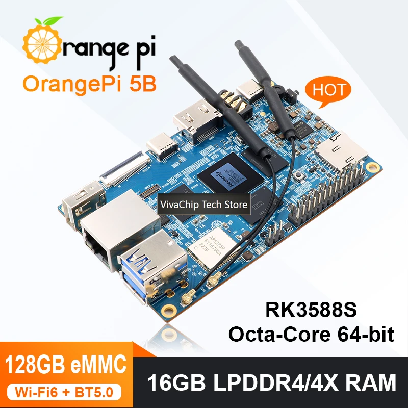 VivaChip TechOrange Pi 5B 16GB RAM+128GB EMMC Mini PC DDR4 Rockchip RK3588S WIFI Bluetooth BLE 8K Video SBC Orange Pi 5 B Develo