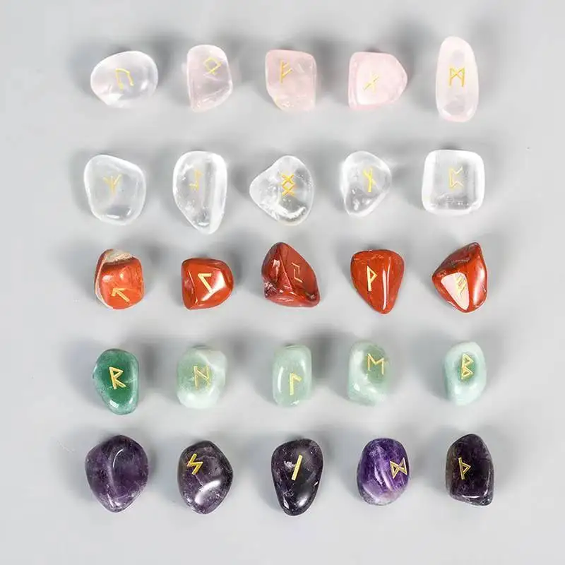 25pcs/Pack Rune Gemstones Natural Crystal Runestones Carved Polished Thumb Massage Stone Ornament  Craft Gift