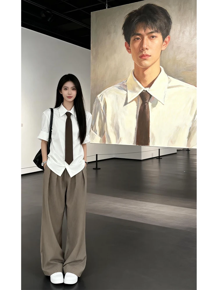 

White College Sle Long Sve Men's irt Spring High End Feeling Haome Suit irt Inner Wear Couple's Outerwear