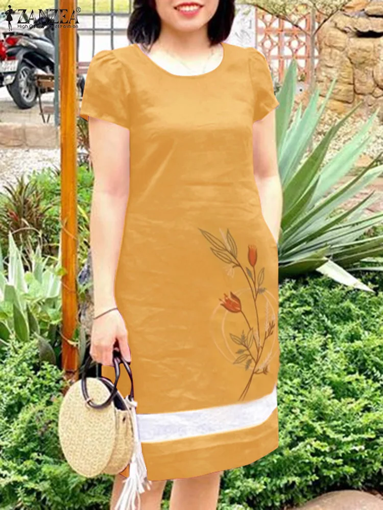 

ZANZEA 2022, летний сарафан, женское элегантное платье с коротким рукавом и цветочным принтом, стильное повседневное вечернее платье для работы, винтажные праздничные платья