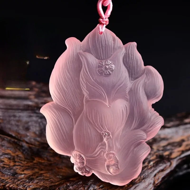 Natural pink crystal nine-tailed fox pendant, powder crystal edge peach blossom fox necklace, men's and women's jewelry,.