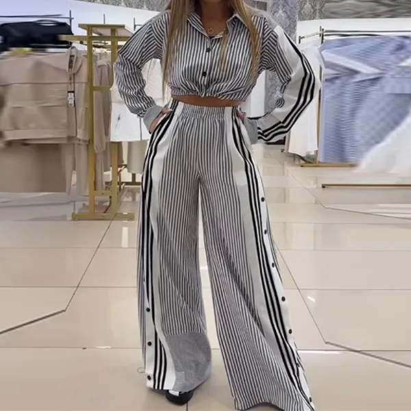 Retro Shirt Two-piece Set for Woman Geometric Print Loose Spring 2025 New Long Sleeves Top + Pleated Wide-leg Pants Fashion Suit