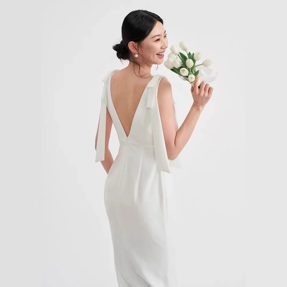 Elegant V-Neck A-Line Simple Korea Wedding Dresses Silk Chiffon Ribbon Elegant Bridal Dresses 웨딩드레스 Customized Photo Shoot