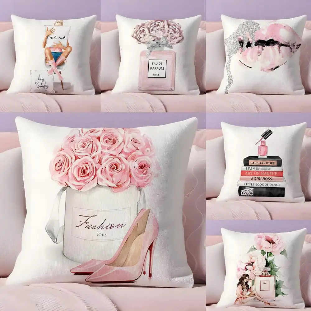 Elegant Perfume Bottle Pink Flowers Cushion Cover Plush Fabric Soft Double-Sided Printed Sofa Warm Winter Home Gift Pillow Cover