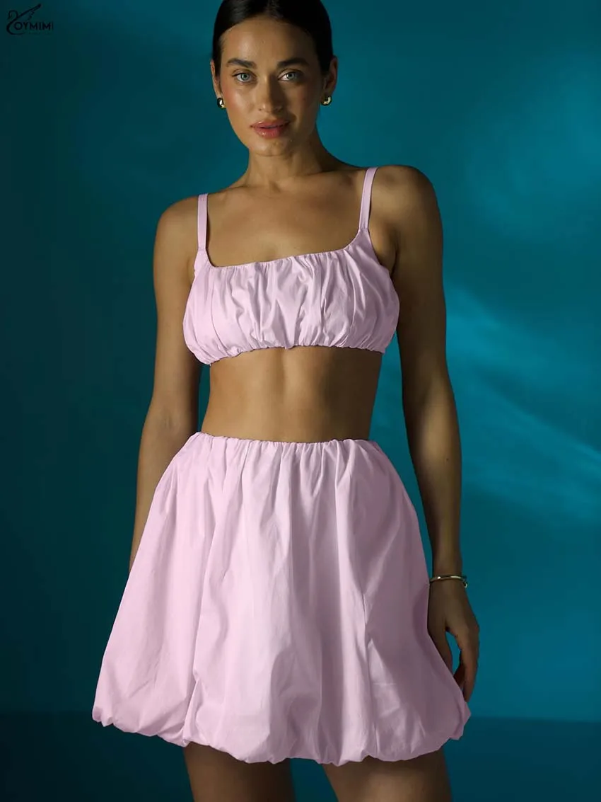 Oymimi Summer Pink Cotton Set Woman 2 Piece Casual Spaghetti Strap Slim Crop Tank Tops And Mid Waisted Pleated Mini Skirts Sets