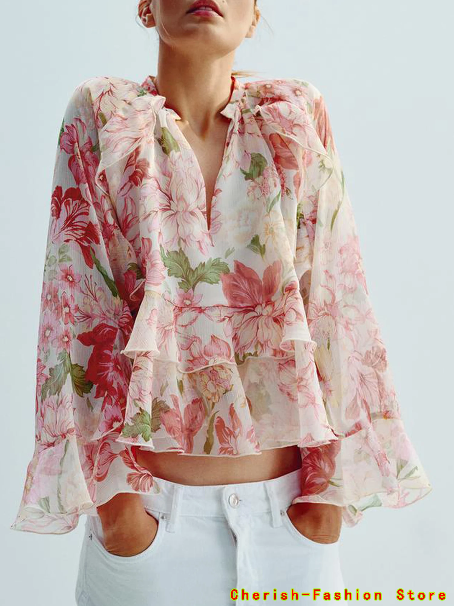 

Casual Ruffled Shirt Women Loose Lace Top V Neck Tops Spring Summer Blouses Women Pleated Flower Print Clothes