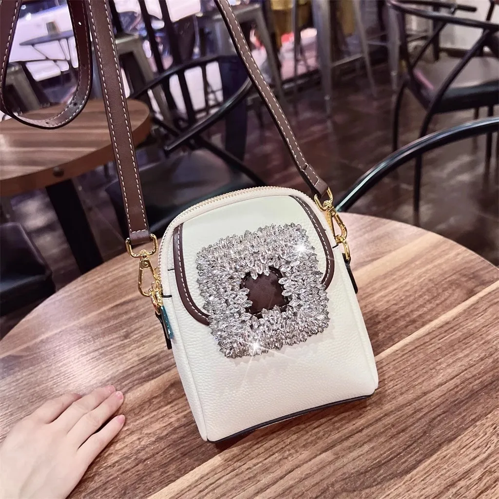 High Quality Genuine Leather Cowhide Mobile Phone Bag Women Handbag Glitter Rhinestone Diamond Shoulder Messenger Bag Casual Bag