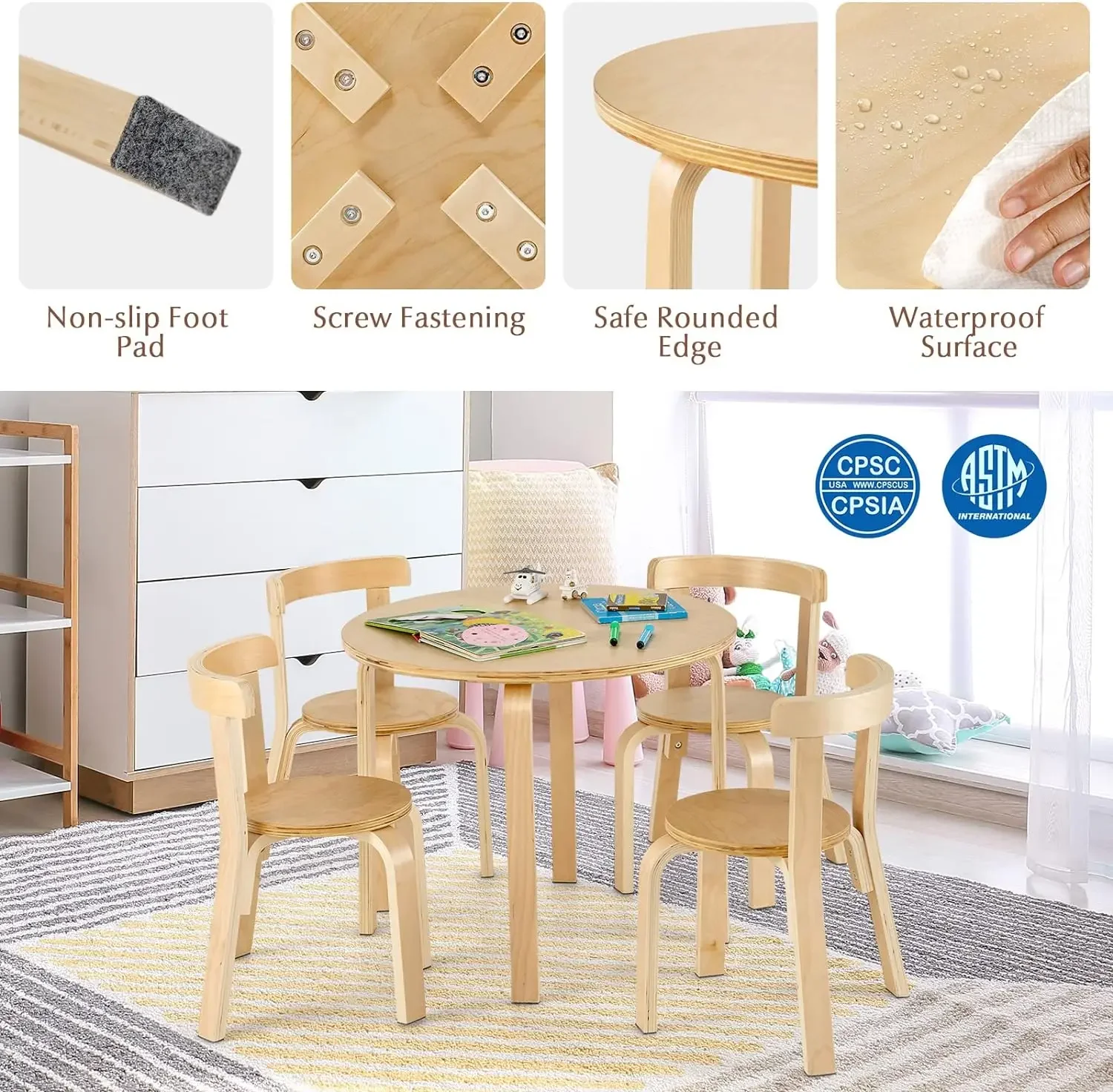 Juego de mesa y silla para niños, mesa de actividades de madera de 5 piezas con 4 sillas, ladrillos de juguete, mesa y sillas para niños pequeños de Bentwood