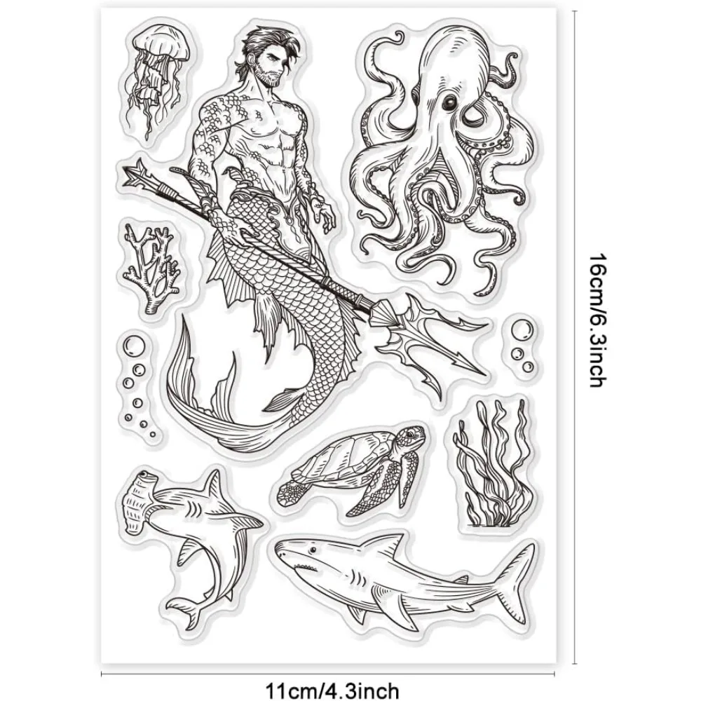 1PC Mermaid and Shark Clear Stamps for Cards Making Seaworld Turtle Octopus Clear Stamp Seals Transparent Stamps