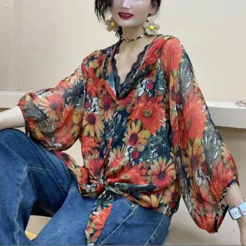 Summer Fashion Casual Floral Printed Chiffon Shirt Ladies Long Sleeve Hooded Single Breasted Top Women Sunscreen Cardigan Blouse