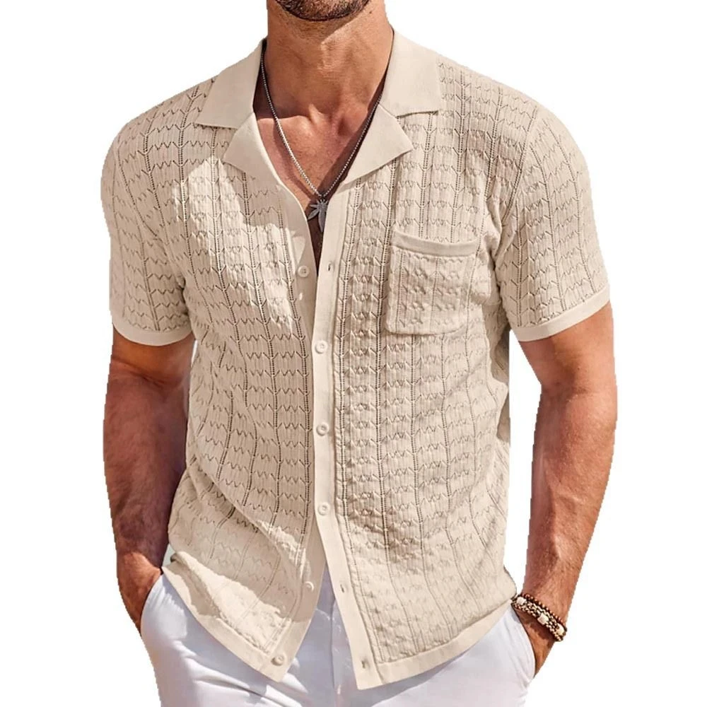 

Men's summer new short sleeved elegant luxury fashion versatile Cuban collar knitted polo shirt casual cardigan top