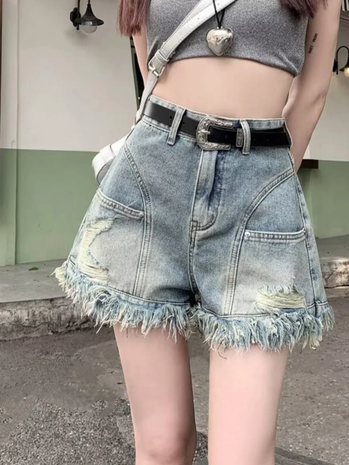 

American Style Spicl Girl Rough Edges Denim Shorts No Belt Hollow Out Women's Summer Plus Size High Waist Design Trendy Pants
