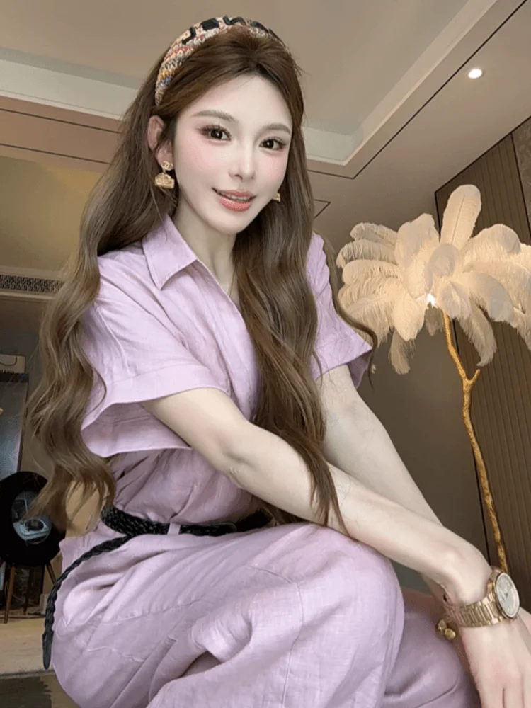

Elegant Short Sleeve Suit Women's Fashion Slimming Waist Cinched Summer New Arrival Cotton Wide Leg Pants