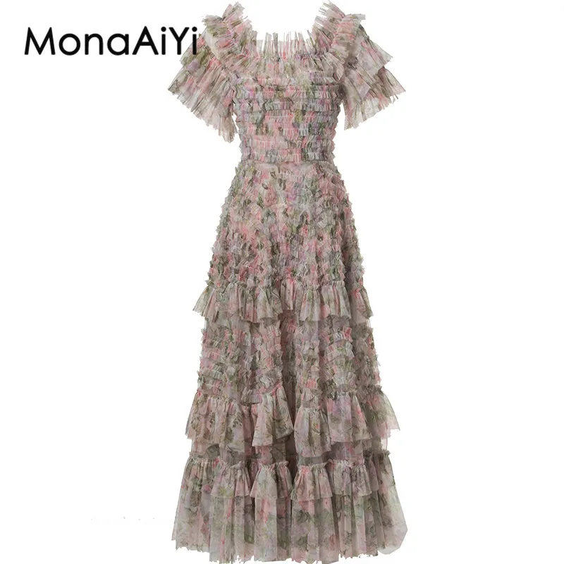 MonaAiYi-vestido de baile feminino de manga borboleta, vestido de verão, babados em camadas, sem encosto, vestidos Mixi florais elegantes, moda