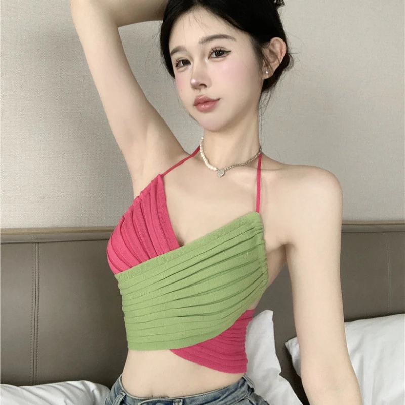 

Summer Women Tank Top New Hotsweet Hanging Neck Knitted Camisole Camis Girl Sexy Backless Super Short Crop Tops Female