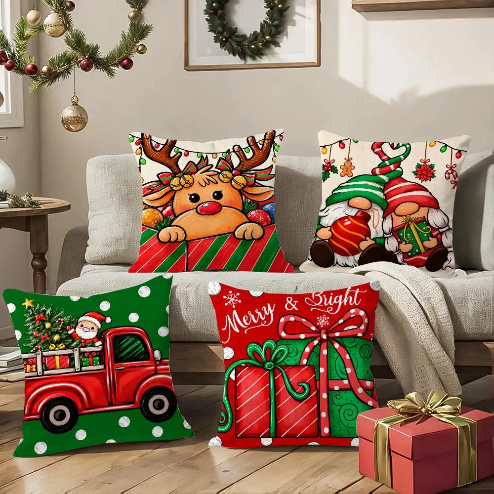 Christmas Green and Red Farmhouse Elf Cushion Cover Square Decorative Sofa Pillow Case Bedroom Living Room Home Decor Gift
