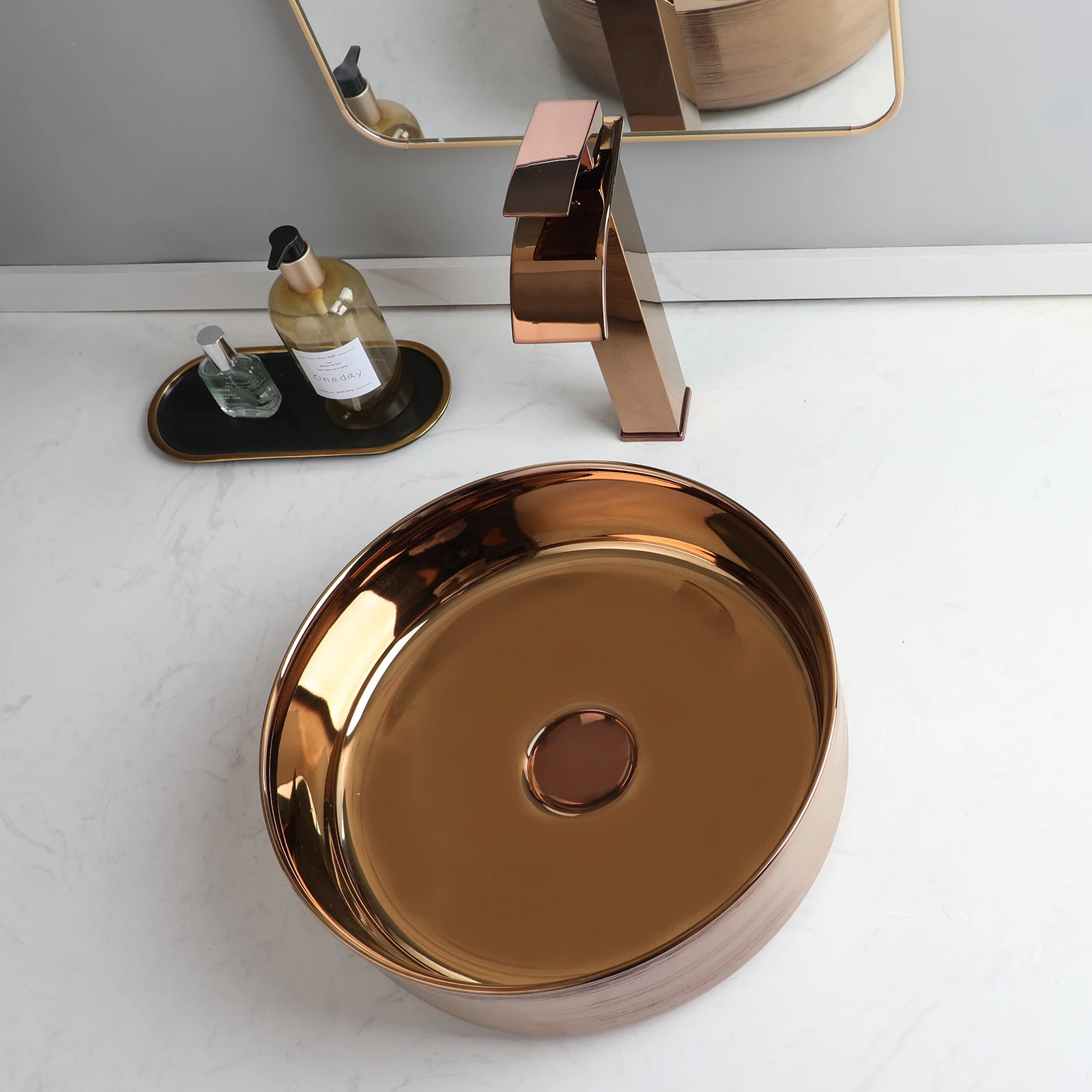 Rose Gold Vessel Sink Round Ceramic Bathroom Sinks Above Counter Washing Sink Faucet Combo Deck Basin
