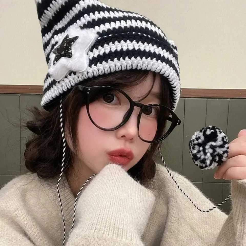 Y2K Beanie Hat Women Ins Devil Ear Striped Knitted Wool Cap Autumn