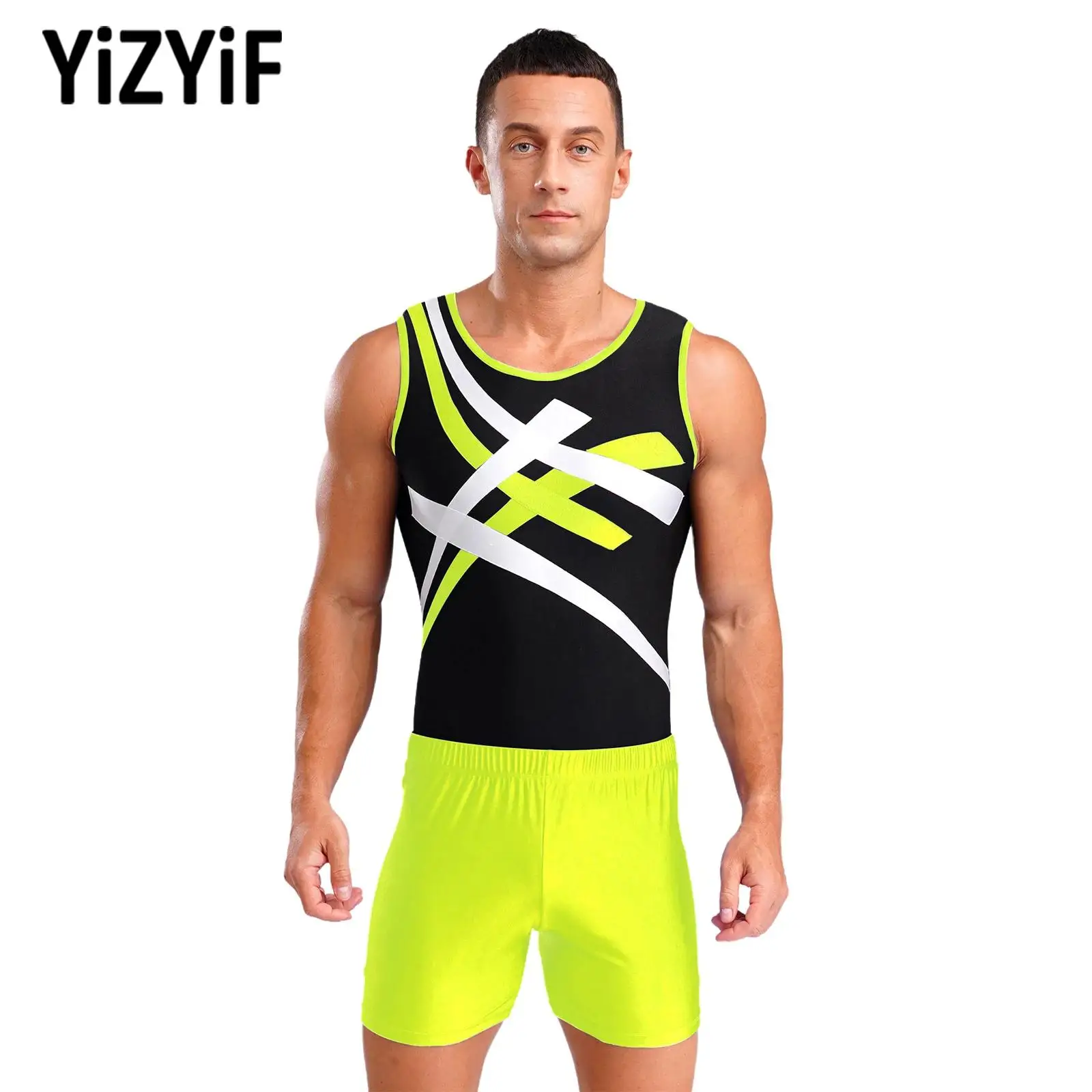 

2 Pcs Mens Swimsuit Sleeveless Ballet Dance Gymnastics Leotards with Shorts for Performance Professional Competition Training