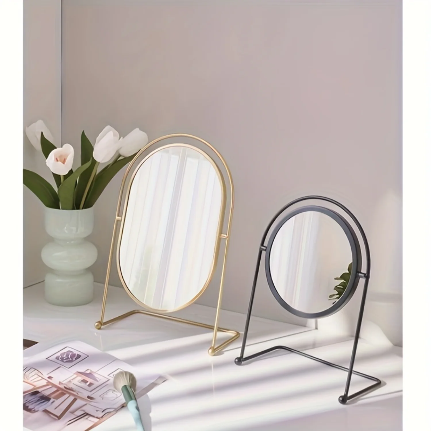 Light Luxury Makeup Mirror, Oval Desktop Beauty Mirror with Bracket, Rotatable Vanity Decor, HD Mirror