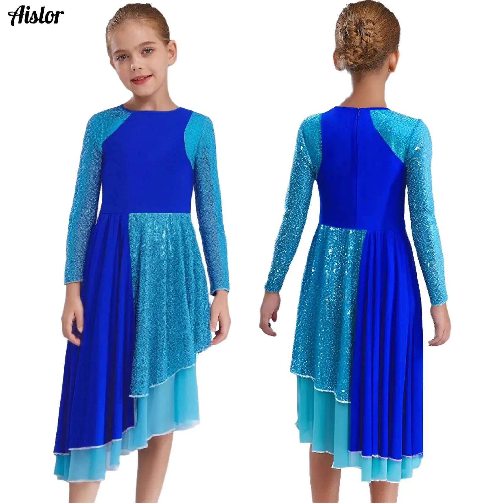 

Kids Girls Liturgical Praise Dance Costume Lyrical Dance Dress Long Sleeve Sequin Color Block Asymmetrical Dress Worship Robe