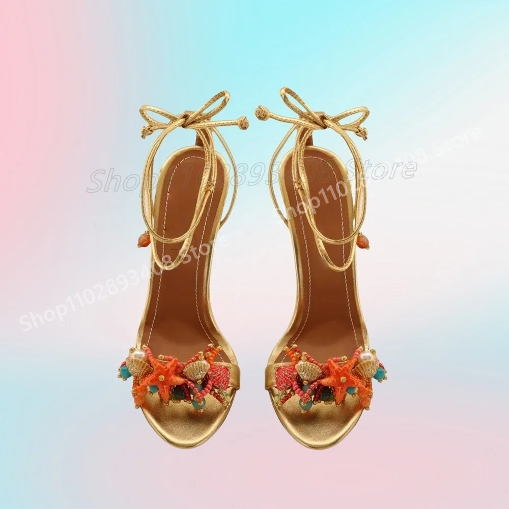 

Gold Shell Star Decor Strappy Sandals Open Toe Leather Stiletto High Heel Fashion Women Shoes 2026 Summer Zapatos Para Mujere