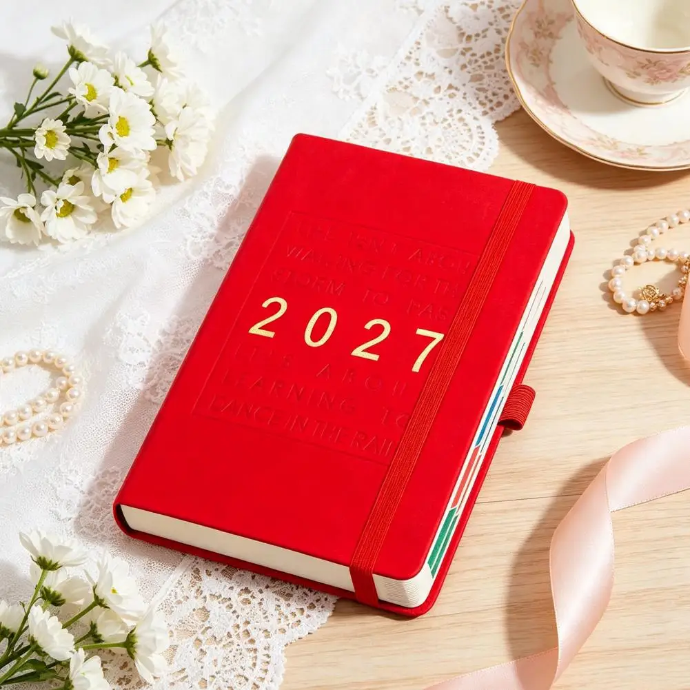 2027 English Weekly Planner A5, 320 Page Schedule Notebook with Elastic Band & Pen Holder, Yearly Calendar Organizer
