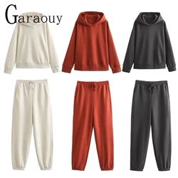 Garaouy Women Solid Loose Hooded Sweatshirt Hoodie+Stretch High Waist Sweatpants Trousers Female Casual Pullover Tracksuit Mujer