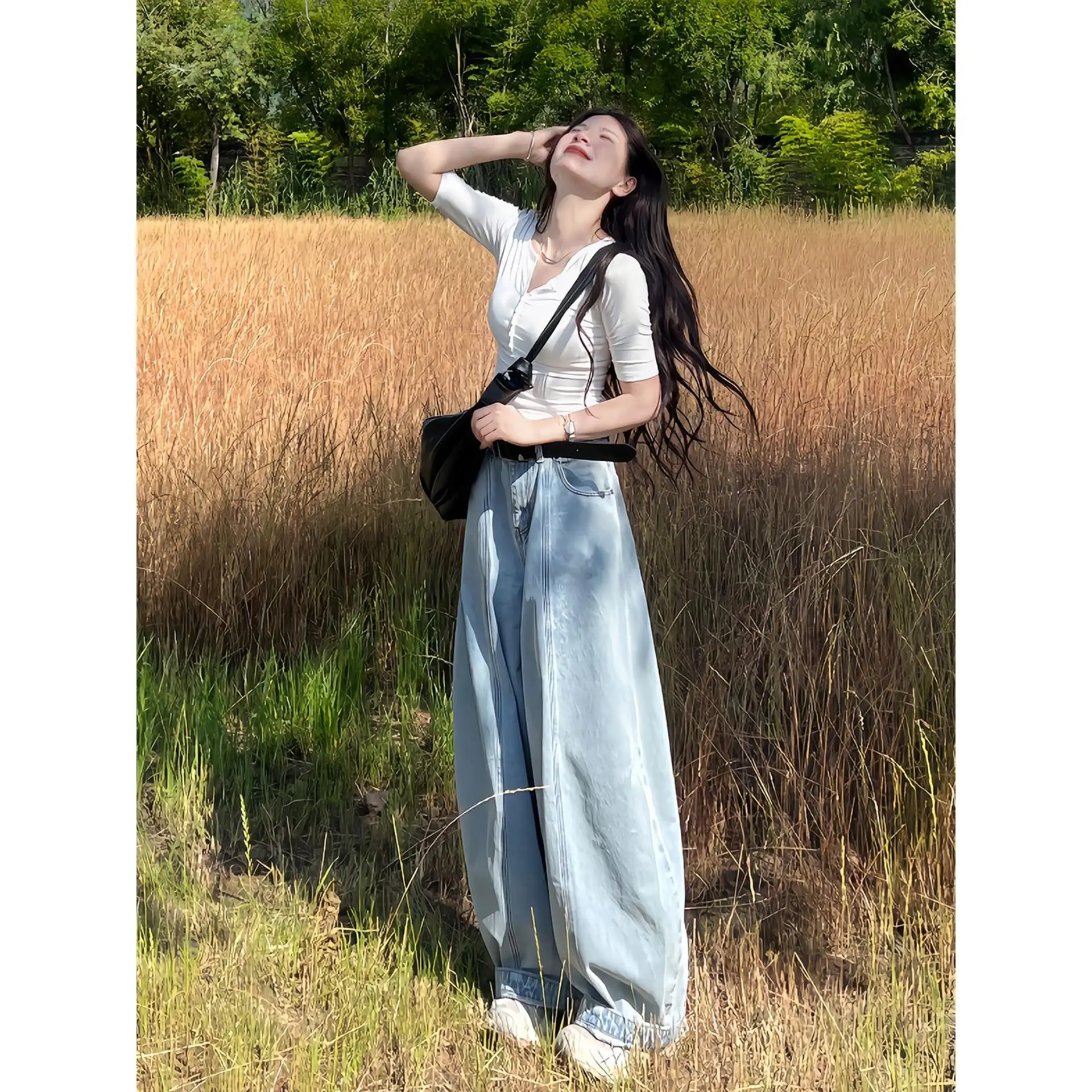 

Light Blue Men Women Splicing Stripe Knife Jeans Loose Wide Leg Straight Micro Flared Pants Low Waist Dstring