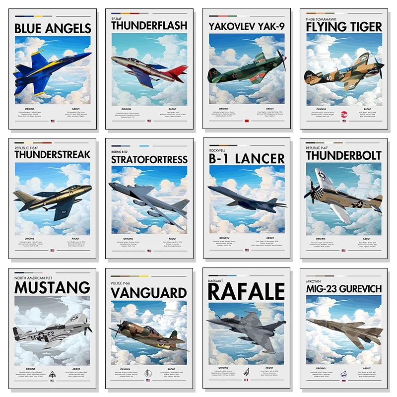 Vintage Multirole Fighter Aviation Posters Spitfire White Clouds Plane Prints Canvas Painting Wall Art Pictures Home Room Decor