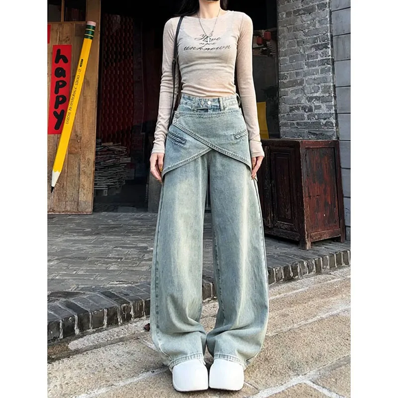 

Women Vintage Blue Baggy Y2k Jeans 90s Aesthetic Patchwork Denim Pants 2025 Autumn Streetwear 2000s Harajuku Trousers Clothes