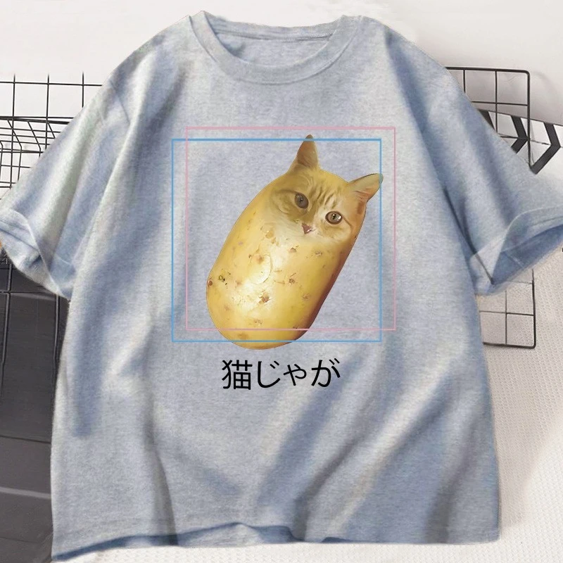 Silly Potato Cat T Shirt Neko Meme T-Shirt Japanese Kitty Funny Tshirt Cotton Tees Men Women Casual Oversized T-shirts Clothes