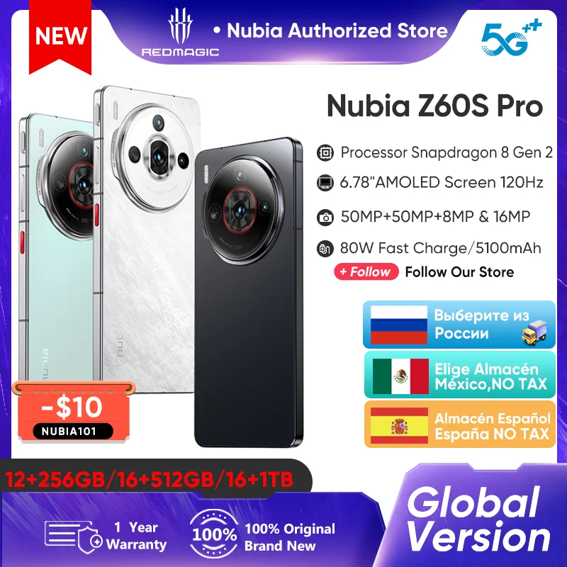 Nubia Z60S Pro 글로벌 버전 스마트폰, 스냅드래곤 8 2 세대, MyOS 14.0, 120Hz, 6.78 인치 AMOLED 스크린, 50M + 50M + 8M, 5100mAh NFC, 5G 