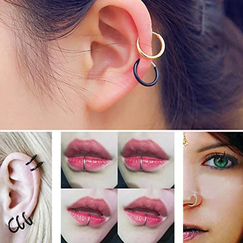 2/8Pcs Fake Nose Ring Hoops Clip on Earrings Fake Septum Ring Non Piercing Spring Hoop Earrings Lip Ring Fake Cartilage Earrings