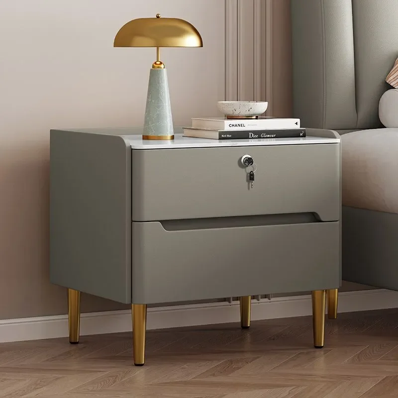 Solid Wood Bedside Table Modern Simple Small Nightstand with Leather and Rock Slab Storage High End Luxury Bedroom Furniture